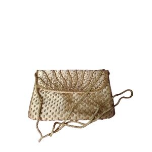 Valerie Stevens Gold Beaded Evening Clutch w. Thin Rope Strap Event Purse Mirror